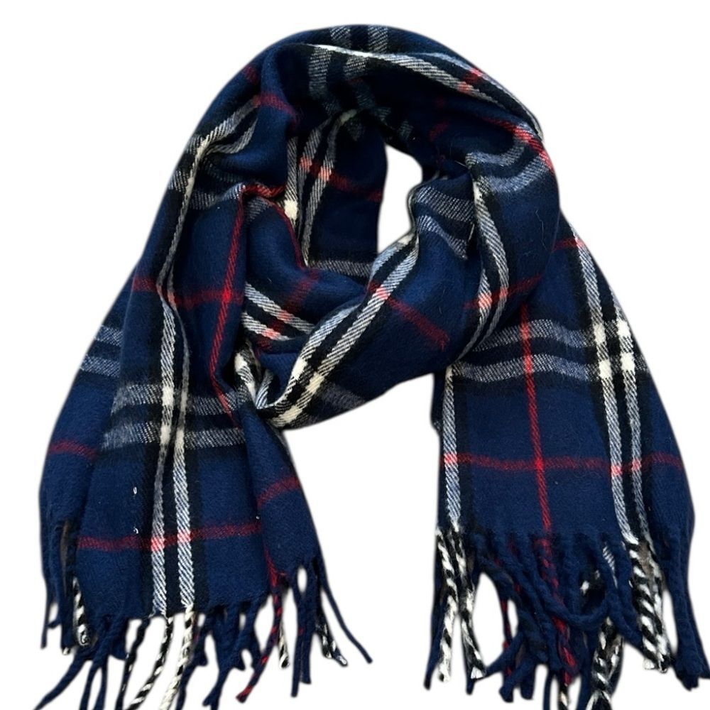Cashmere Plaid Fringe Scarf in Navy and Red 100% Kashmir by Royal Rossi